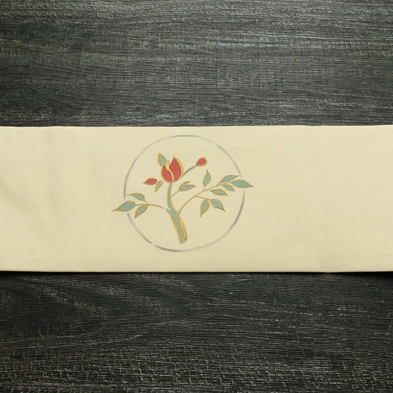 名古屋帯 太鼓柄 良品 正絹 花柄 名古屋仕立て なごや帯 リサイクル帯 帯 刺繍 シンプル ベージュ_画像12