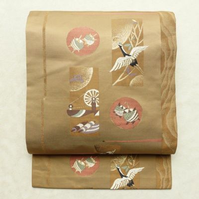 名古屋帯 六通柄 良品 正絹 古典柄 名古屋仕立て なごや帯 リサイクル帯 帯 箔 黄・黄土色