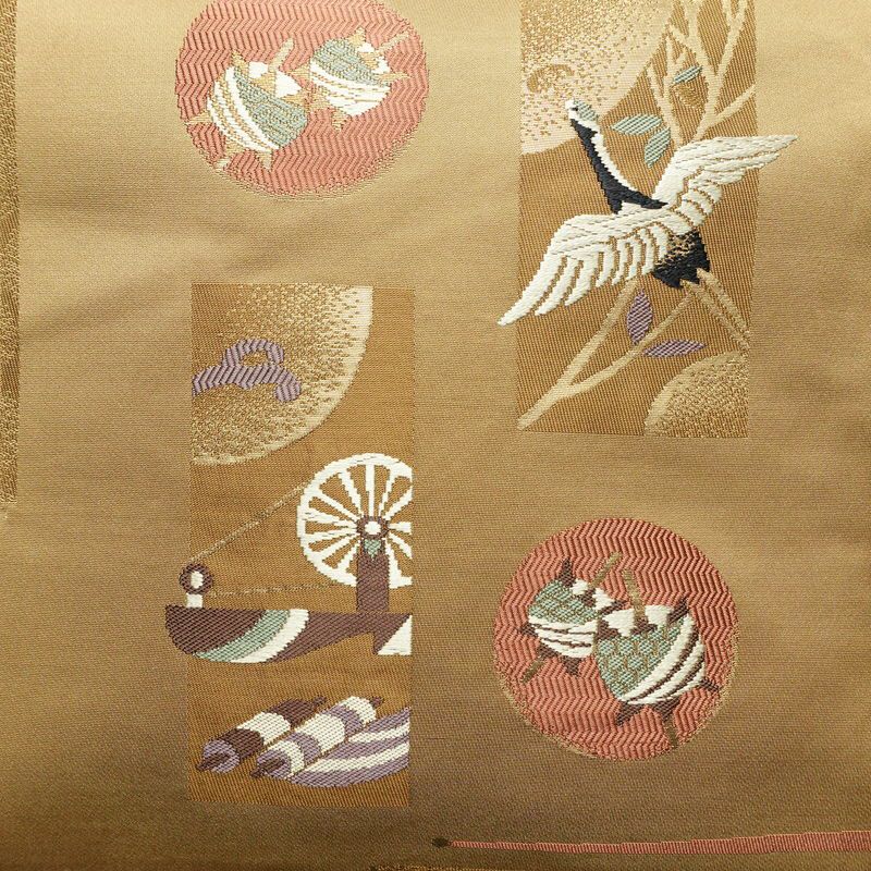 名古屋帯 六通柄 良品 正絹 古典柄 名古屋仕立て なごや帯 リサイクル帯 帯 箔 黄・黄土色_画像2