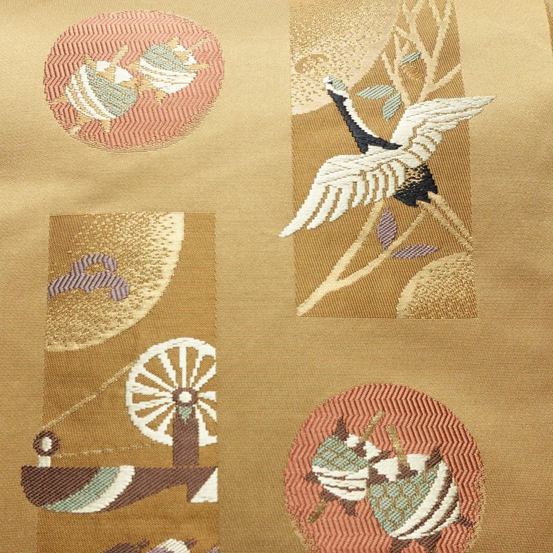 名古屋帯 六通柄 良品 正絹 古典柄 名古屋仕立て なごや帯 リサイクル帯 帯 箔 黄・黄土色_画像3