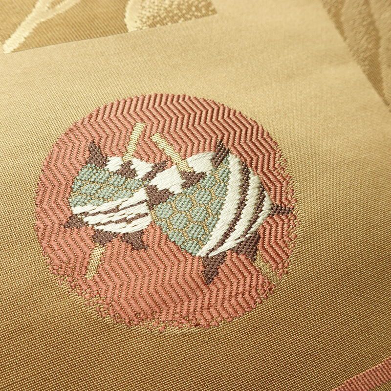 名古屋帯 六通柄 良品 正絹 古典柄 名古屋仕立て なごや帯 リサイクル帯 帯 箔 黄・黄土色_画像4