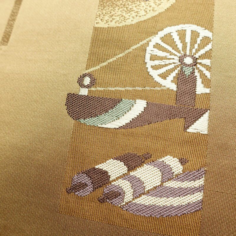 名古屋帯 六通柄 良品 正絹 古典柄 名古屋仕立て なごや帯 リサイクル帯 帯 箔 黄・黄土色_画像5