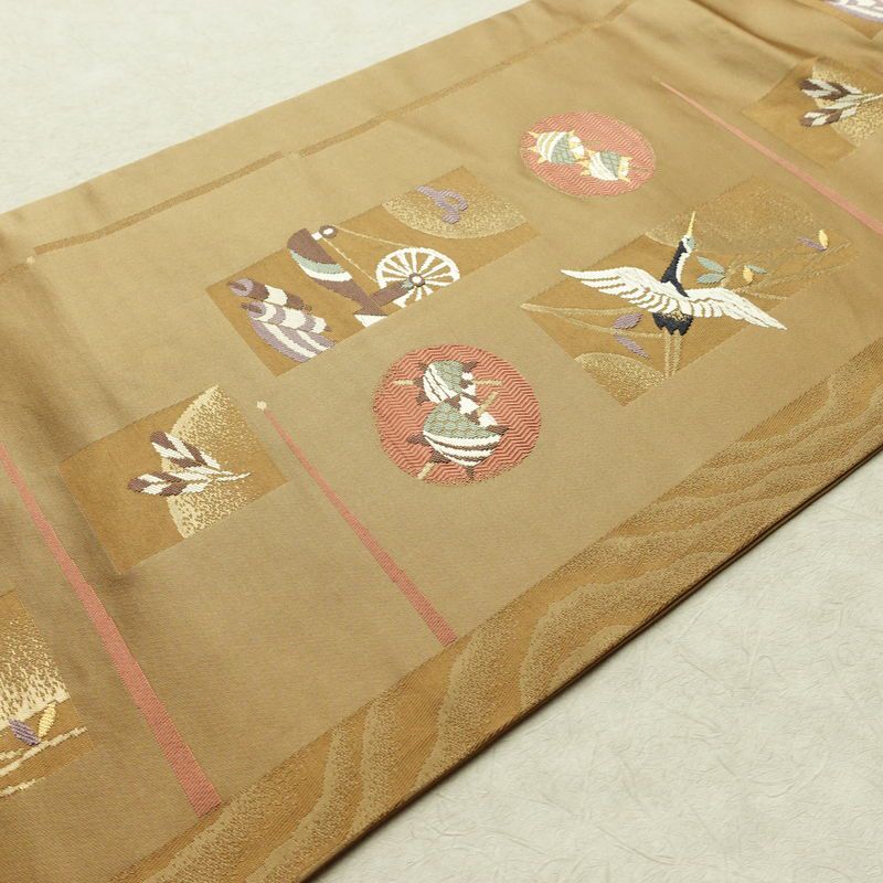 名古屋帯 六通柄 良品 正絹 古典柄 名古屋仕立て なごや帯 リサイクル帯 帯 箔 黄・黄土色_画像13