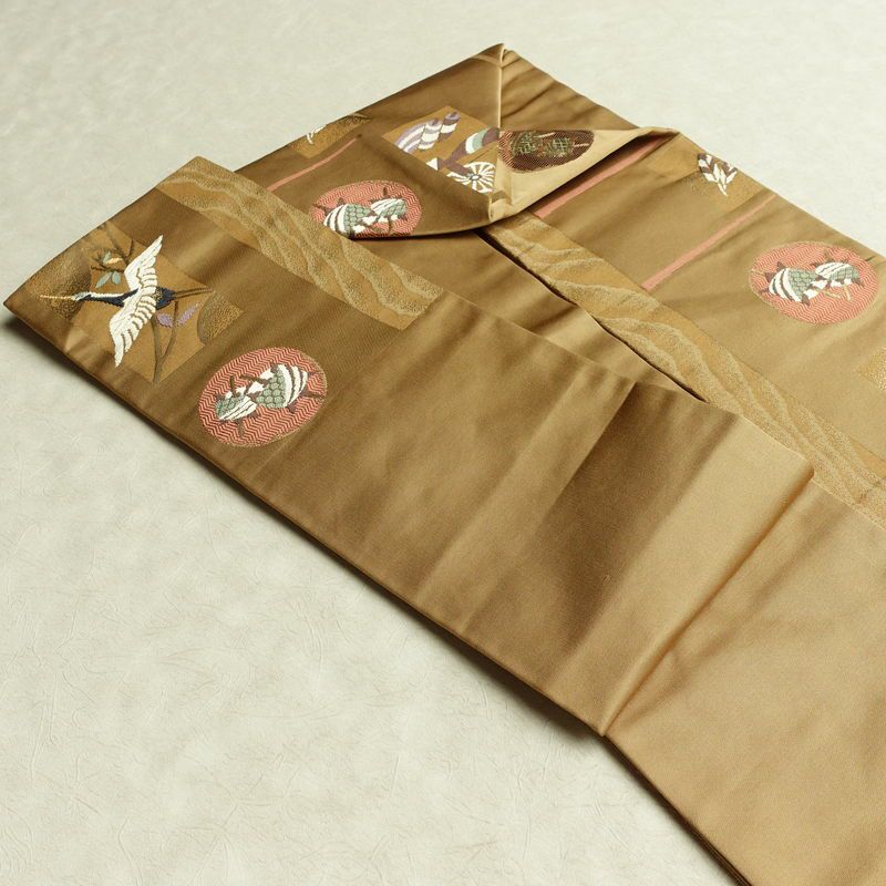 名古屋帯 六通柄 良品 正絹 古典柄 名古屋仕立て なごや帯 リサイクル帯 帯 箔 黄・黄土色_画像21