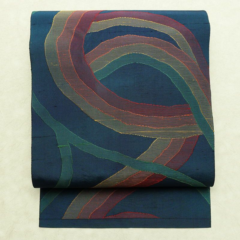 名古屋帯 六通柄 正絹 幾何学柄・抽象柄 松葉仕立て なごや帯 リサイクル帯 帯 モダン 青・紺_画像1