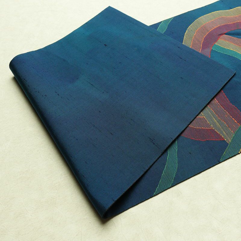 名古屋帯 六通柄 正絹 幾何学柄・抽象柄 松葉仕立て なごや帯 リサイクル帯 帯 モダン 青・紺_画像9