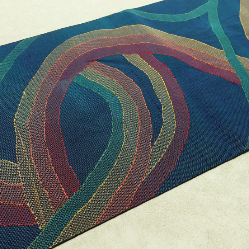 名古屋帯 六通柄 正絹 幾何学柄・抽象柄 松葉仕立て なごや帯 リサイクル帯 帯 モダン 青・紺_画像11