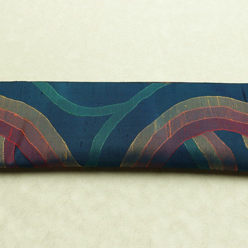 名古屋帯 六通柄 正絹 幾何学柄・抽象柄 松葉仕立て なごや帯 リサイクル帯 帯 モダン 青・紺_画像13