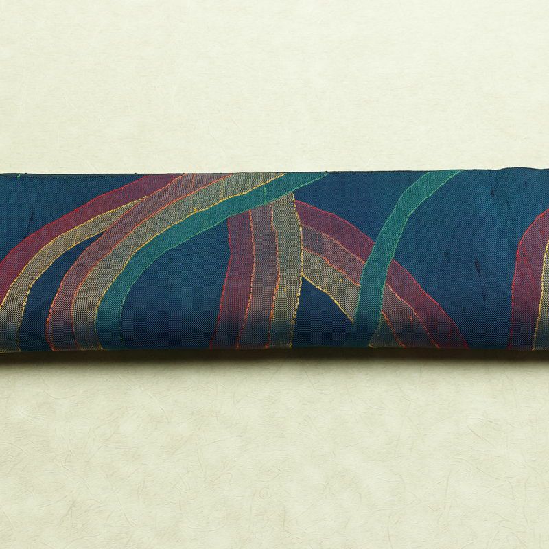 名古屋帯 六通柄 正絹 幾何学柄・抽象柄 松葉仕立て なごや帯 リサイクル帯 帯 モダン 青・紺_画像14