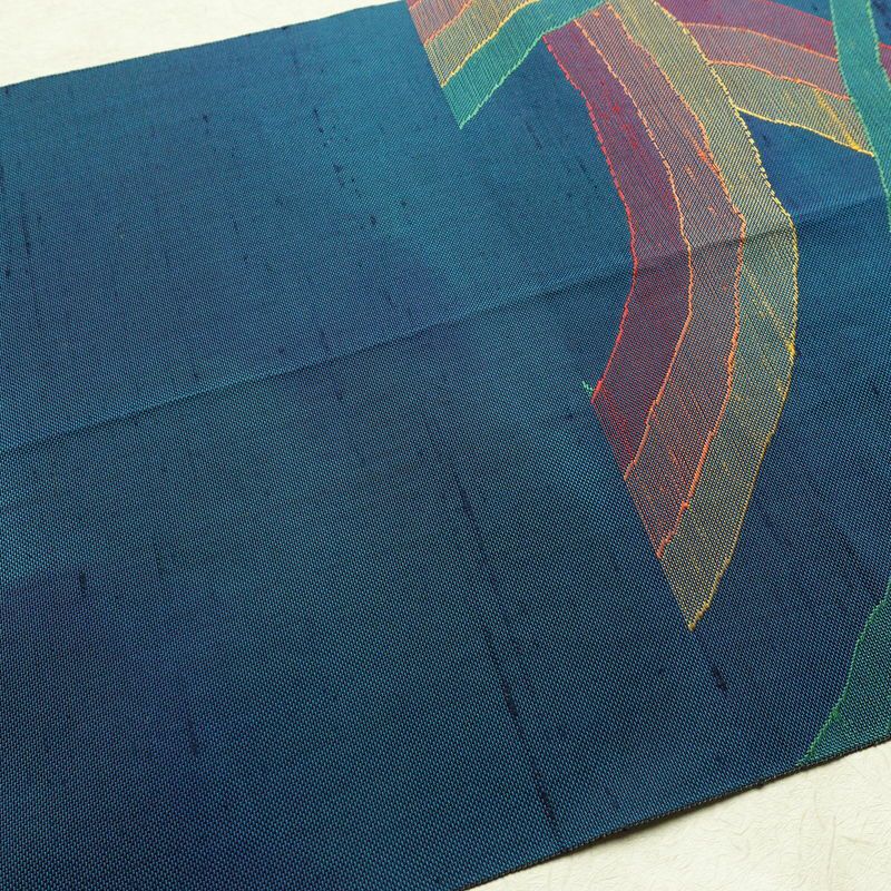 名古屋帯 六通柄 正絹 幾何学柄・抽象柄 松葉仕立て なごや帯 リサイクル帯 帯 モダン 青・紺_画像15