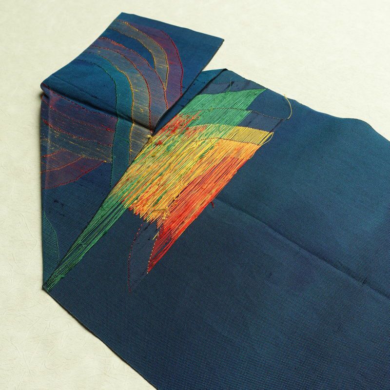 名古屋帯 六通柄 正絹 幾何学柄・抽象柄 松葉仕立て なごや帯 リサイクル帯 帯 モダン 青・紺_画像16