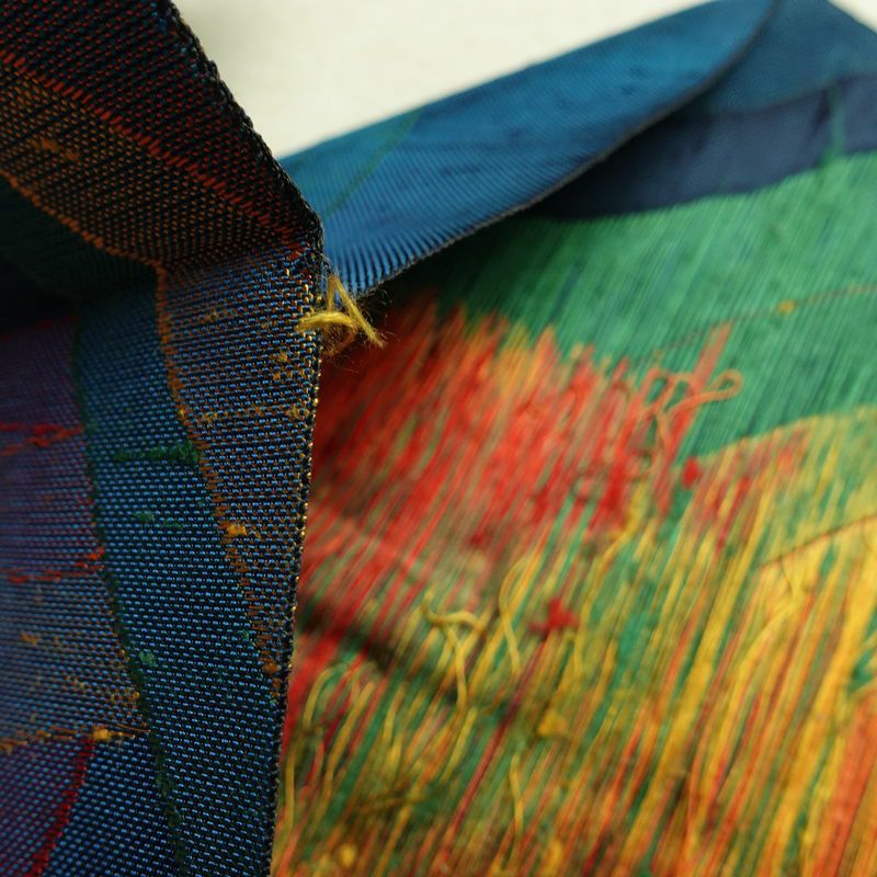 名古屋帯 六通柄 正絹 幾何学柄・抽象柄 松葉仕立て なごや帯 リサイクル帯 帯 モダン 青・紺_画像17