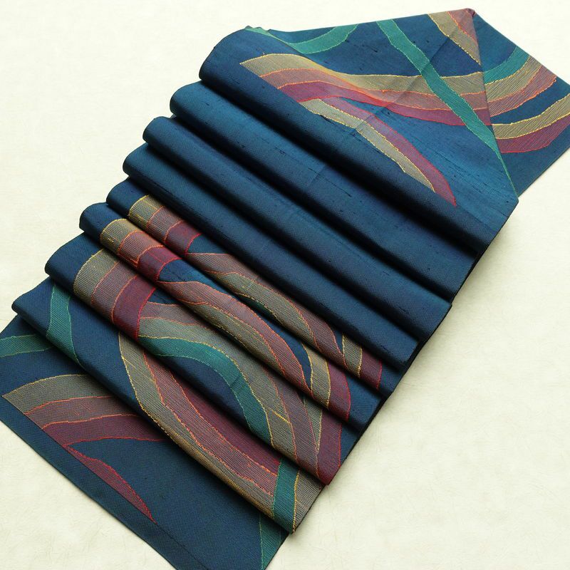 名古屋帯 六通柄 正絹 幾何学柄・抽象柄 松葉仕立て なごや帯 リサイクル帯 帯 モダン 青・紺_画像19