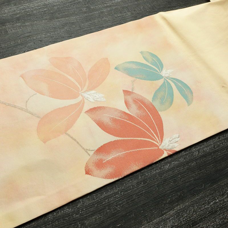 名古屋帯 太鼓柄 正絹 花柄 名古屋仕立て なごや帯 リサイクル帯 帯 金糸 シンプル オレンジベージュ 橙_画像10