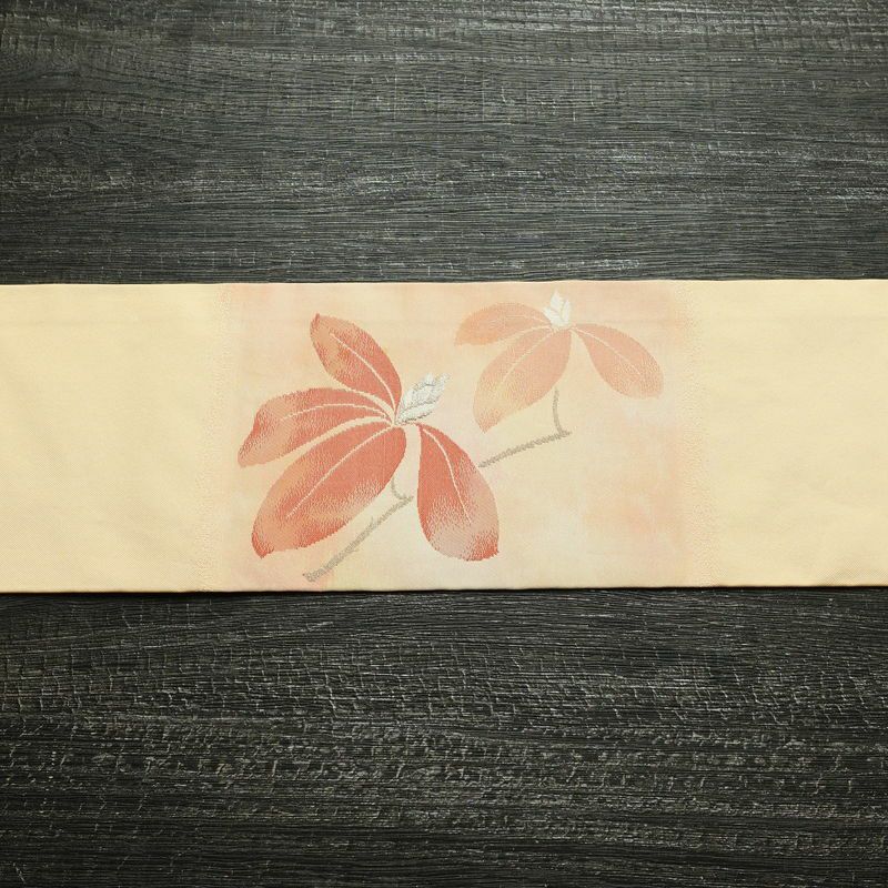 名古屋帯 太鼓柄 正絹 花柄 名古屋仕立て なごや帯 リサイクル帯 帯 金糸 シンプル オレンジベージュ 橙_画像14