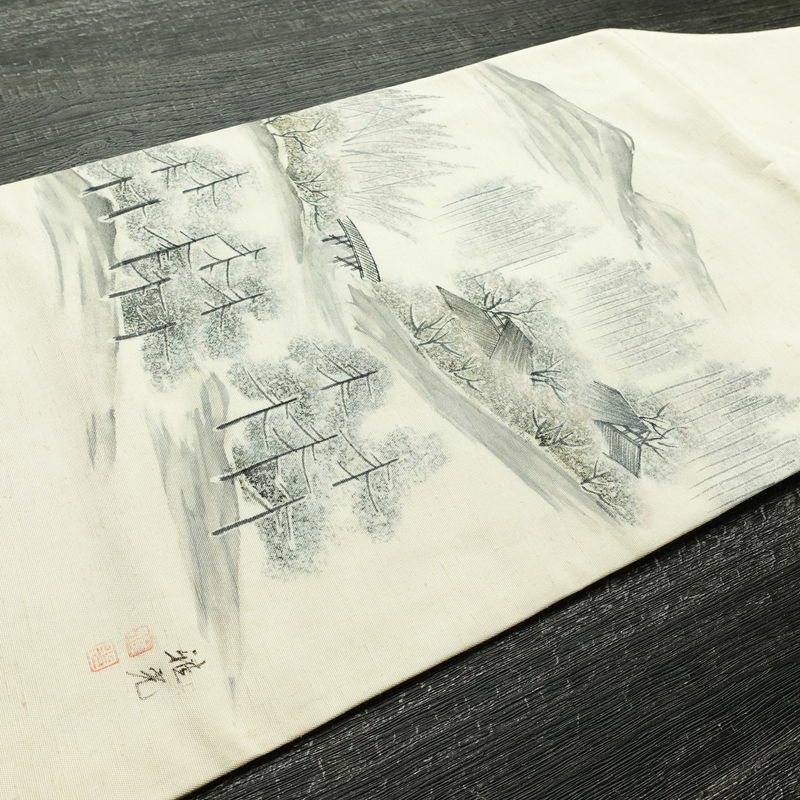 名古屋帯 太鼓柄 落款入り 正絹 風景柄 名古屋仕立て なごや帯 リサイクル帯 帯 白_画像12