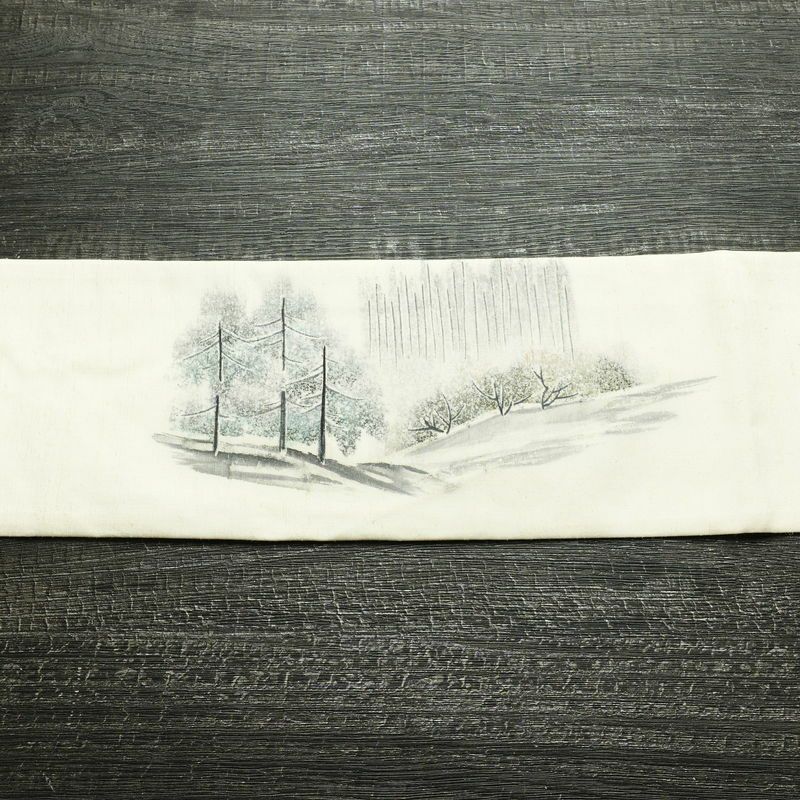 名古屋帯 太鼓柄 落款入り 正絹 風景柄 名古屋仕立て なごや帯 リサイクル帯 帯 白_画像14