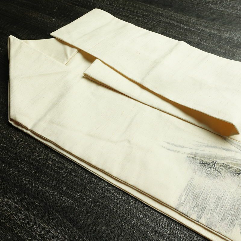 名古屋帯 太鼓柄 落款入り 正絹 風景柄 名古屋仕立て なごや帯 リサイクル帯 帯 白_画像21