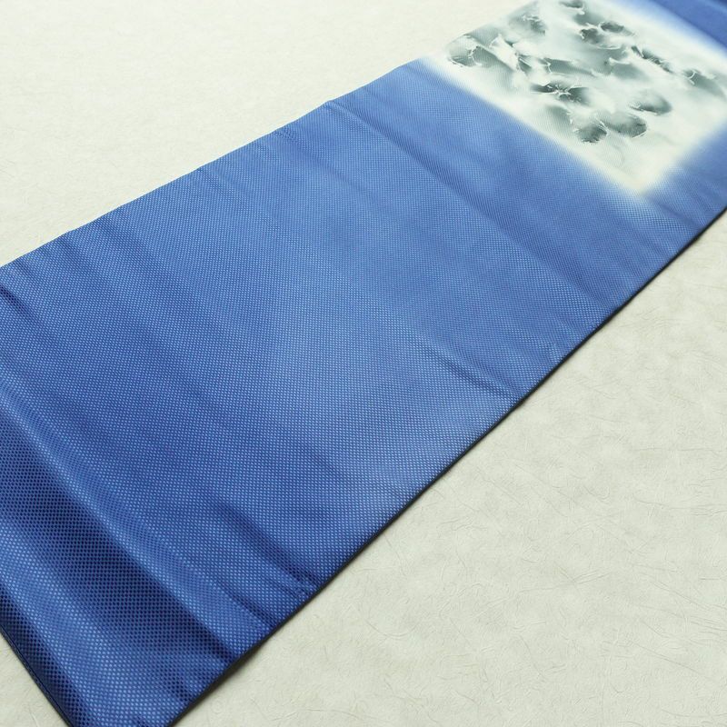 名古屋帯 斉藤三才 太鼓柄 落款入り 正絹 花柄 名古屋仕立て なごや帯 リサイクル帯 帯 シンプル 青・紺_画像8