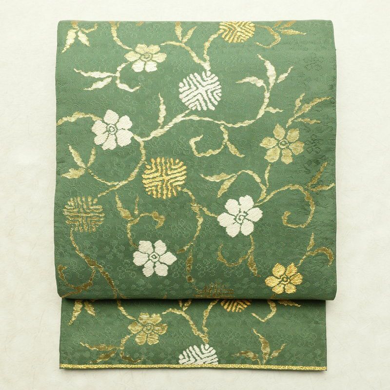 袋帯 太鼓柄 フォーマル用 正絹 花柄 リサイクル帯 帯 金糸 緑・うぐいす色_画像1