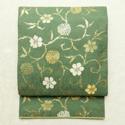 袋帯 太鼓柄 フォーマル用 正絹 花柄 リサイクル帯 帯 金糸 緑・うぐいす色