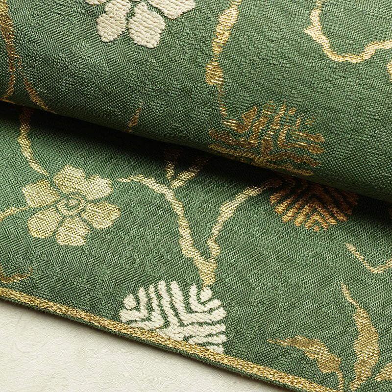 袋帯 太鼓柄 フォーマル用 正絹 花柄 リサイクル帯 帯 金糸 緑・うぐいす色_画像7