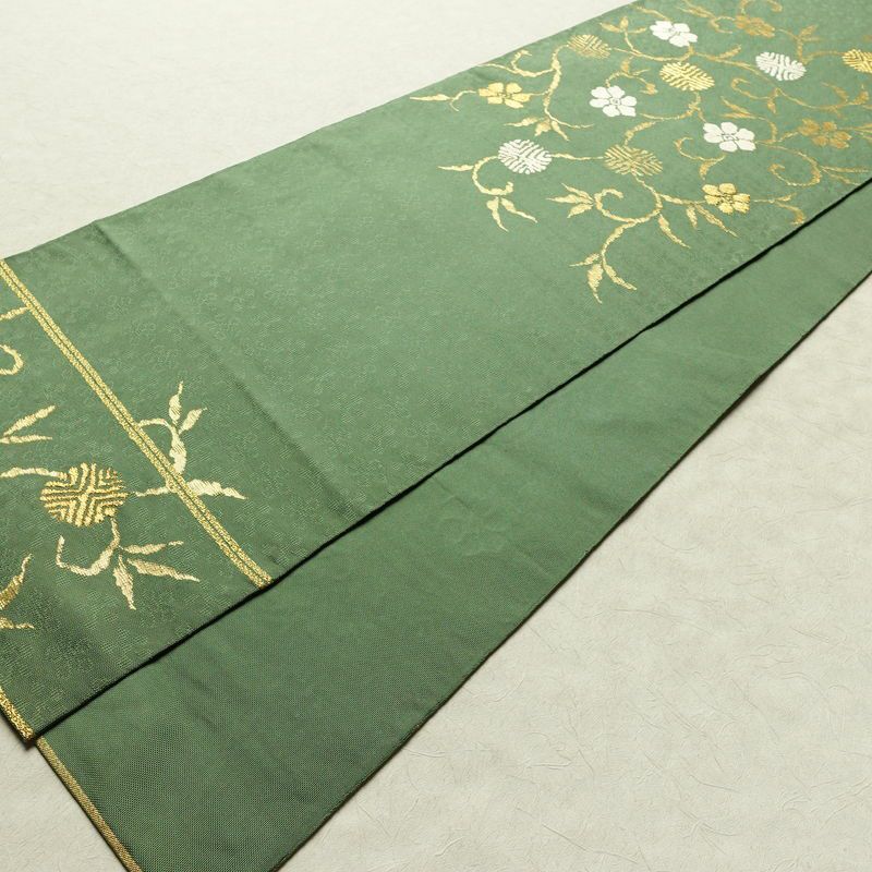 袋帯 太鼓柄 フォーマル用 正絹 花柄 リサイクル帯 帯 金糸 緑・うぐいす色_画像8