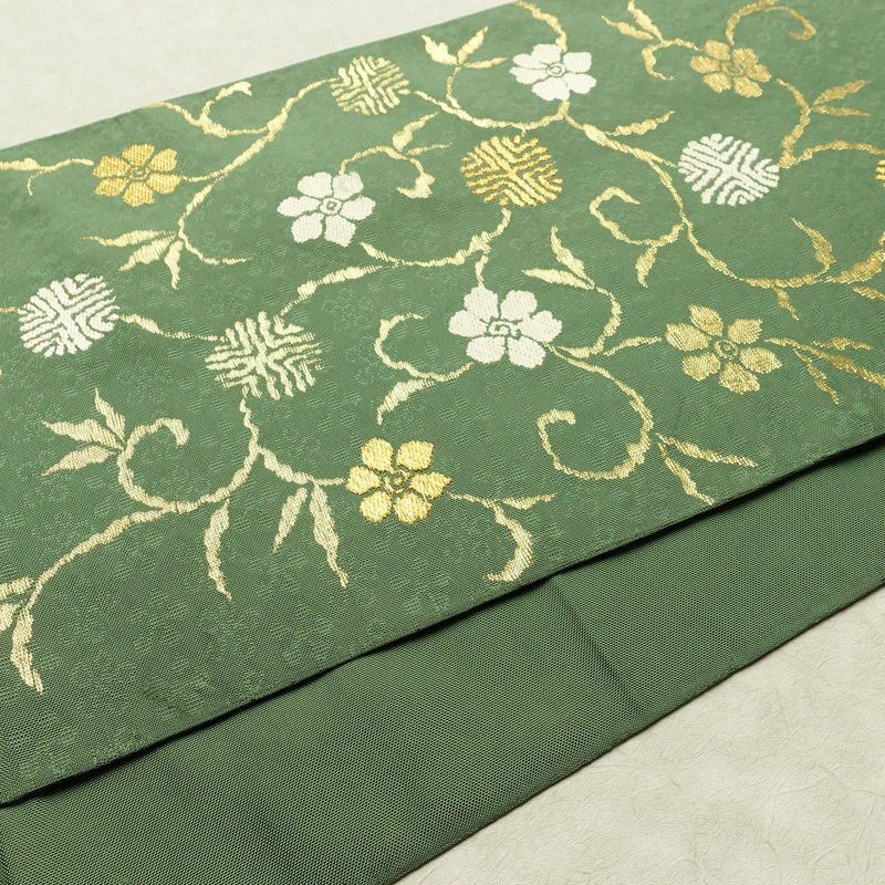 袋帯 太鼓柄 フォーマル用 正絹 花柄 リサイクル帯 帯 金糸 緑・うぐいす色_画像11