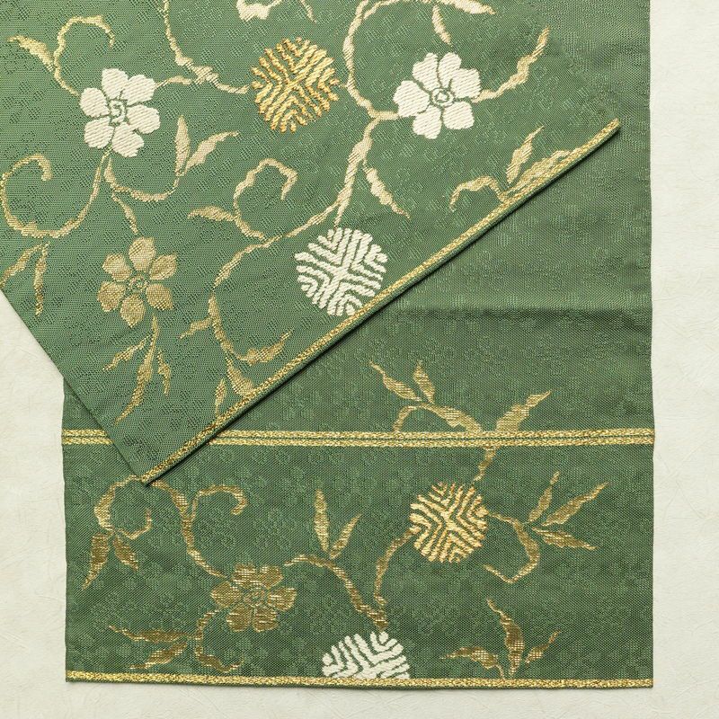 袋帯 太鼓柄 フォーマル用 正絹 花柄 リサイクル帯 帯 金糸 緑・うぐいす色_画像12