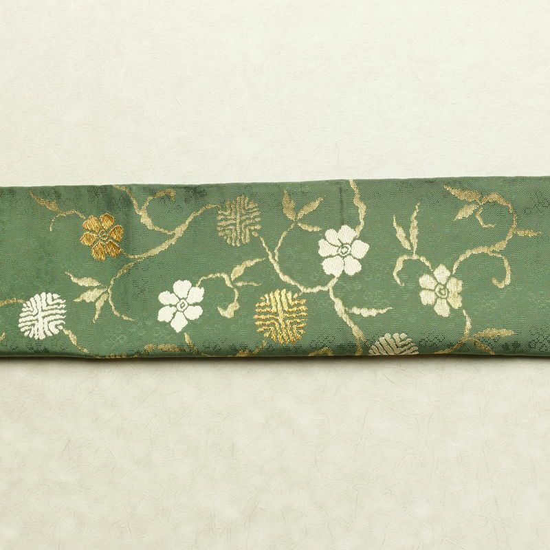 袋帯 太鼓柄 フォーマル用 正絹 花柄 リサイクル帯 帯 金糸 緑・うぐいす色_画像13
