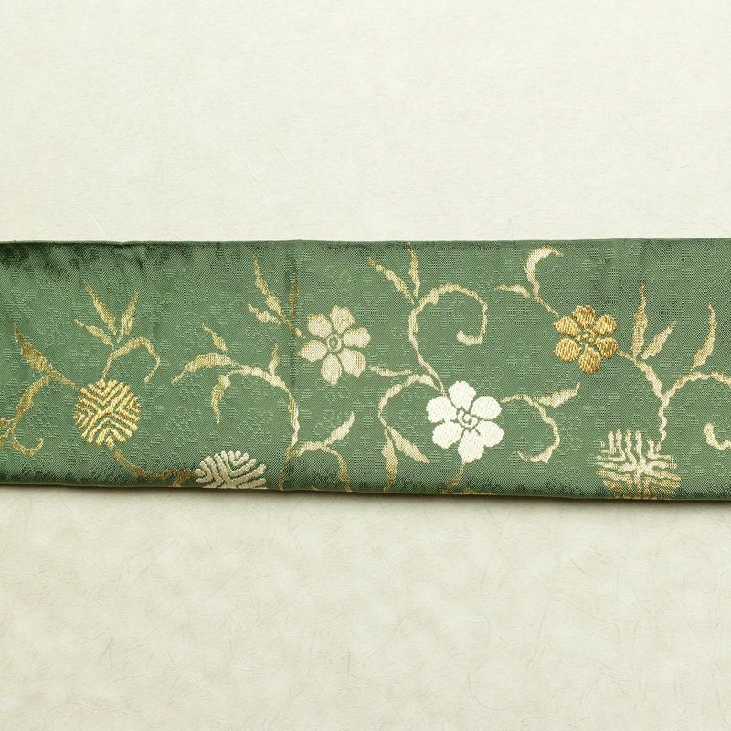 袋帯 太鼓柄 フォーマル用 正絹 花柄 リサイクル帯 帯 金糸 緑・うぐいす色_画像14