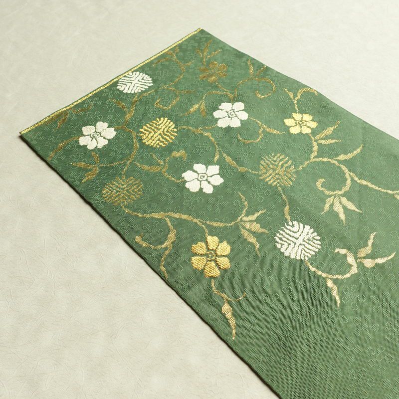 袋帯 太鼓柄 フォーマル用 正絹 花柄 リサイクル帯 帯 金糸 緑・うぐいす色_画像15