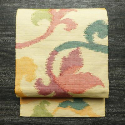 名古屋帯 六通柄 正絹 木の葉・植物柄 名古屋仕立て なごや帯 リサイクル帯 帯 モダン 黄・黄土色