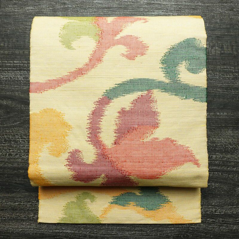 名古屋帯 六通柄 正絹 木の葉・植物柄 名古屋仕立て なごや帯 リサイクル帯 帯 モダン 黄・黄土色_画像1