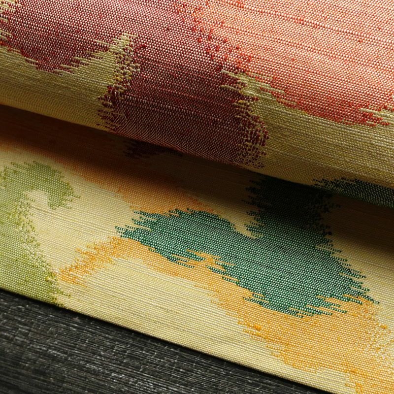 名古屋帯 六通柄 正絹 木の葉・植物柄 名古屋仕立て なごや帯 リサイクル帯 帯 モダン 黄・黄土色_画像7