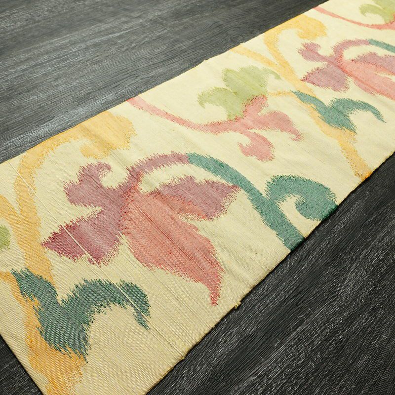 名古屋帯 六通柄 正絹 木の葉・植物柄 名古屋仕立て なごや帯 リサイクル帯 帯 モダン 黄・黄土色_画像8