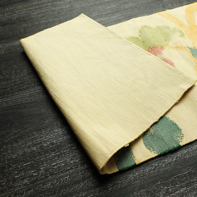 名古屋帯 六通柄 正絹 木の葉・植物柄 名古屋仕立て なごや帯 リサイクル帯 帯 モダン 黄・黄土色_画像9