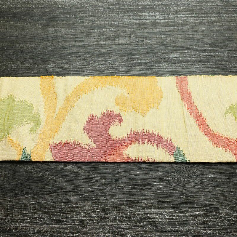 名古屋帯 六通柄 正絹 木の葉・植物柄 名古屋仕立て なごや帯 リサイクル帯 帯 モダン 黄・黄土色_画像13