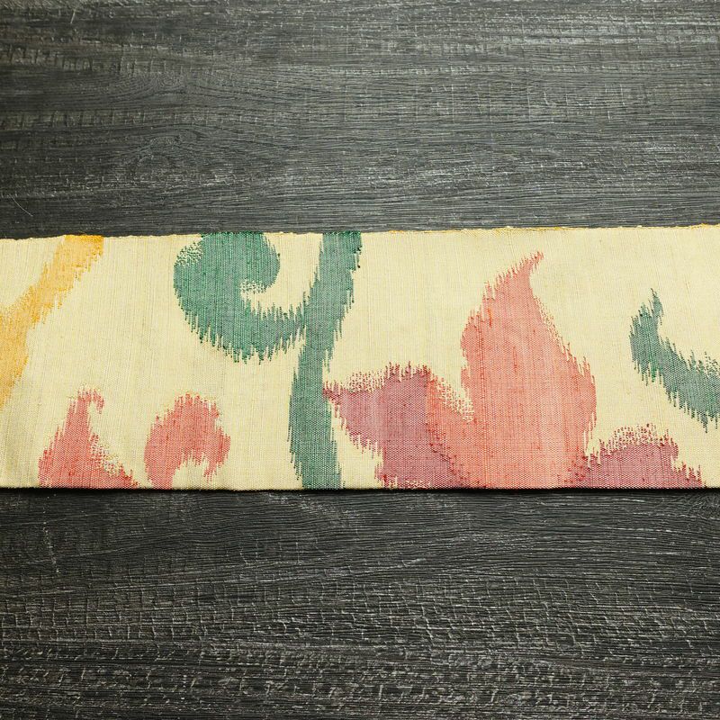 名古屋帯 六通柄 正絹 木の葉・植物柄 名古屋仕立て なごや帯 リサイクル帯 帯 モダン 黄・黄土色_画像14