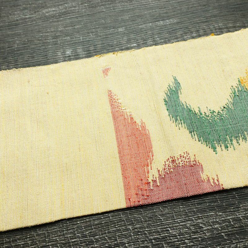 名古屋帯 六通柄 正絹 木の葉・植物柄 名古屋仕立て なごや帯 リサイクル帯 帯 モダン 黄・黄土色_画像15