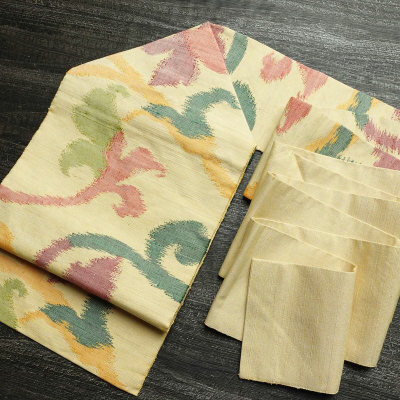 名古屋帯 六通柄 正絹 木の葉・植物柄 名古屋仕立て なごや帯 リサイクル帯 帯 モダン 黄・黄土色_画像17