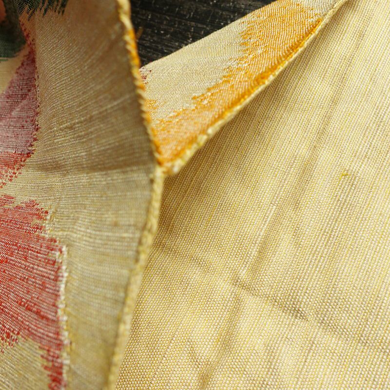 名古屋帯 六通柄 正絹 木の葉・植物柄 名古屋仕立て なごや帯 リサイクル帯 帯 モダン 黄・黄土色_画像19