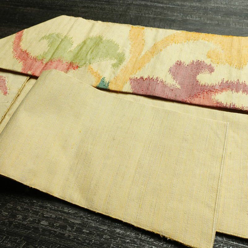 名古屋帯 六通柄 正絹 木の葉・植物柄 名古屋仕立て なごや帯 リサイクル帯 帯 モダン 黄・黄土色_画像20