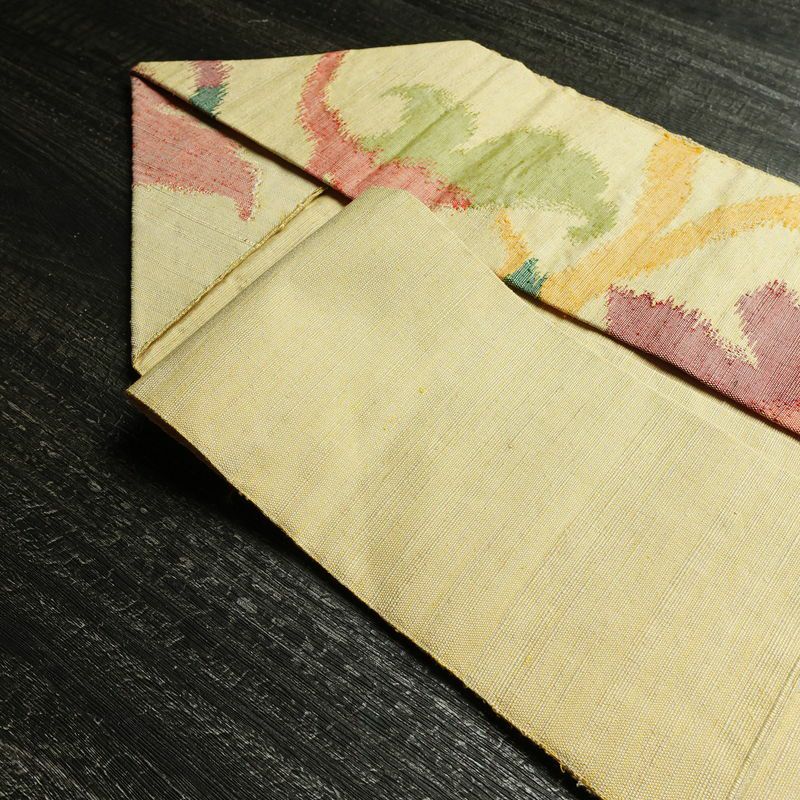 名古屋帯 六通柄 正絹 木の葉・植物柄 名古屋仕立て なごや帯 リサイクル帯 帯 モダン 黄・黄土色_画像21