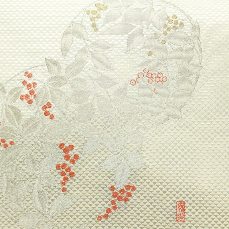 名古屋帯 太鼓柄 美品 落款入り 正絹 木の葉・植物柄 名古屋仕立て なごや帯 リサイクル帯 帯 シンプル_画像2