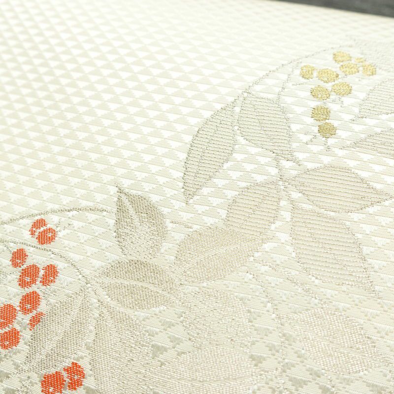 名古屋帯 太鼓柄 美品 落款入り 正絹 木の葉・植物柄 名古屋仕立て なごや帯 リサイクル帯 帯 シンプル_画像5