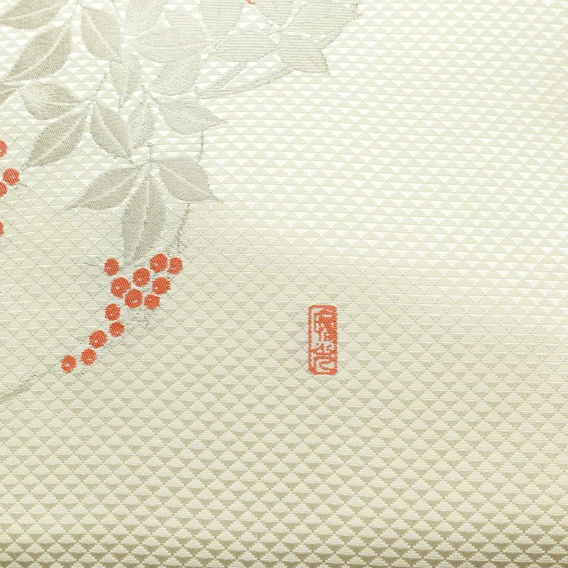 名古屋帯 太鼓柄 美品 落款入り 正絹 木の葉・植物柄 名古屋仕立て なごや帯 リサイクル帯 帯 シンプル_画像9