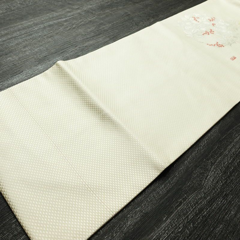 名古屋帯 太鼓柄 美品 落款入り 正絹 木の葉・植物柄 名古屋仕立て なごや帯 リサイクル帯 帯 シンプル_画像11