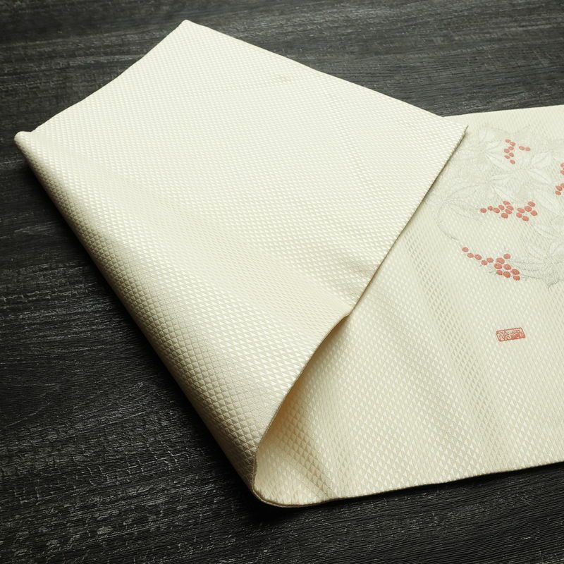 名古屋帯 太鼓柄 美品 落款入り 正絹 木の葉・植物柄 名古屋仕立て なごや帯 リサイクル帯 帯 シンプル_画像12