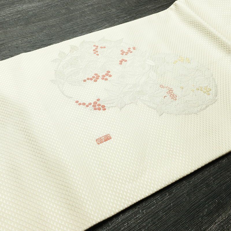 名古屋帯 太鼓柄 美品 落款入り 正絹 木の葉・植物柄 名古屋仕立て なごや帯 リサイクル帯 帯 シンプル_画像13